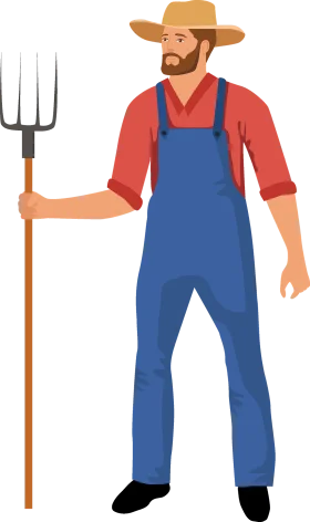 Traditional Agricultural Worker Standing with Pitchfork in Classic Farm Clipart Style