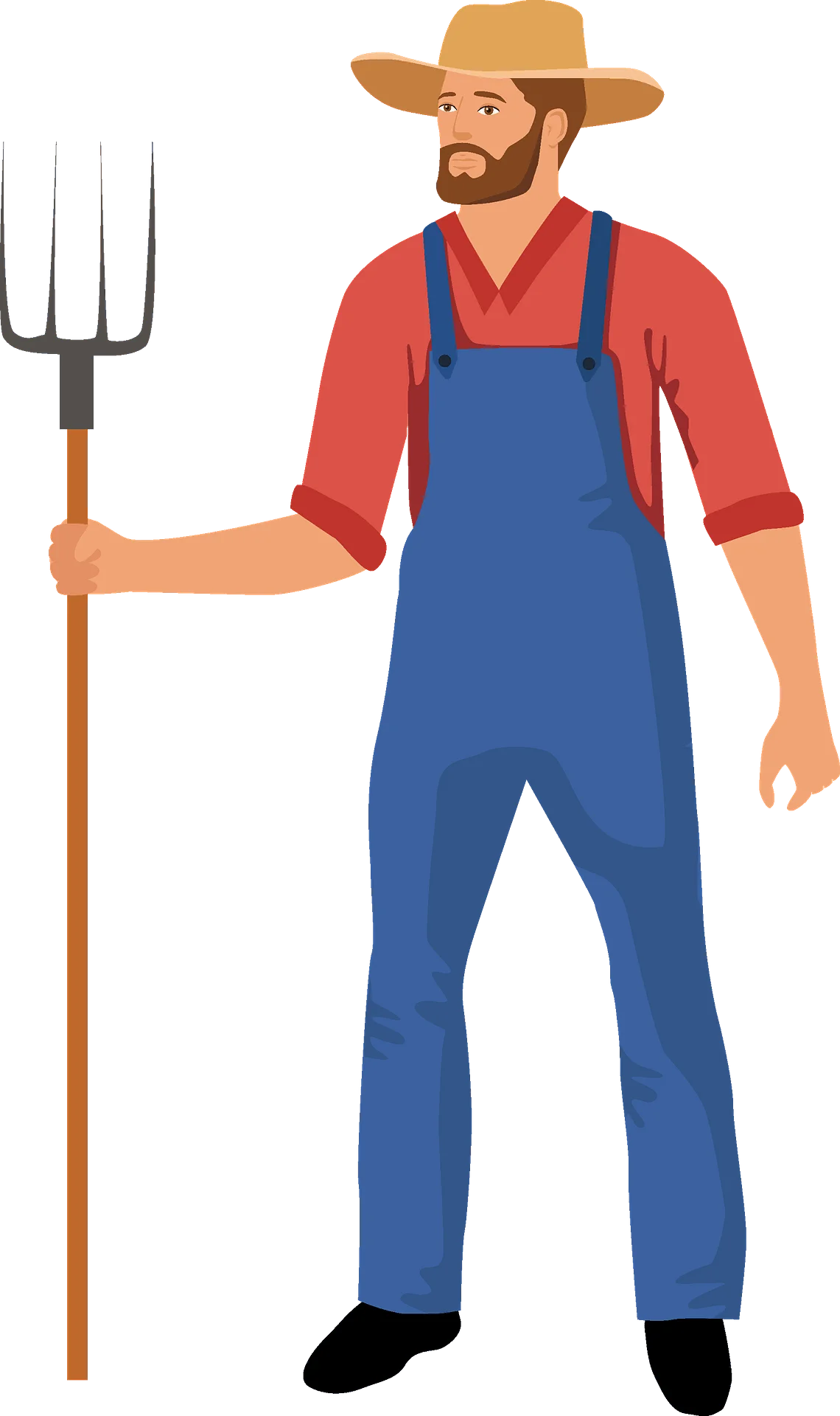 Traditional Agricultural Worker Standing with Pitchfork in Classic Farm Clipart Style