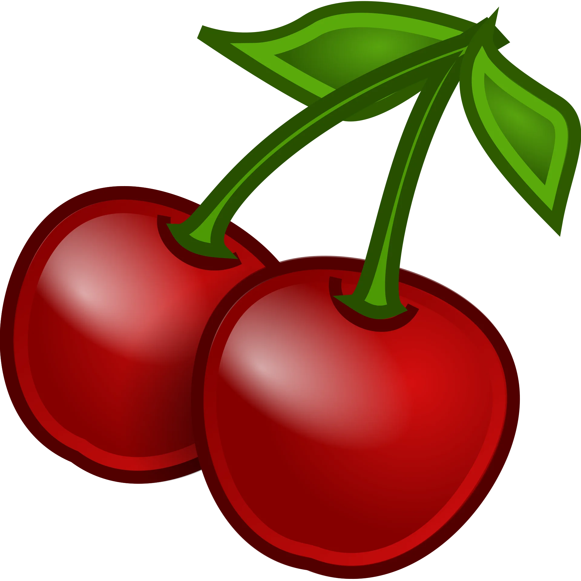Luscious Red Cherries Clipart: Glossy Fruit Illustration with Emerald Leaf Stem
