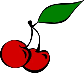 Stylized Red Cherry Fruit Clipart with Bold Green Leaf and Minimalist Design