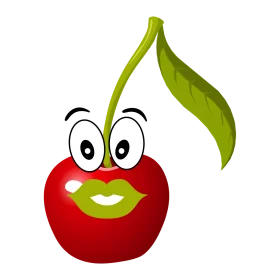 Whimsical Red Cherry Clipart Character with Playful Expressive Face and Green Leaf