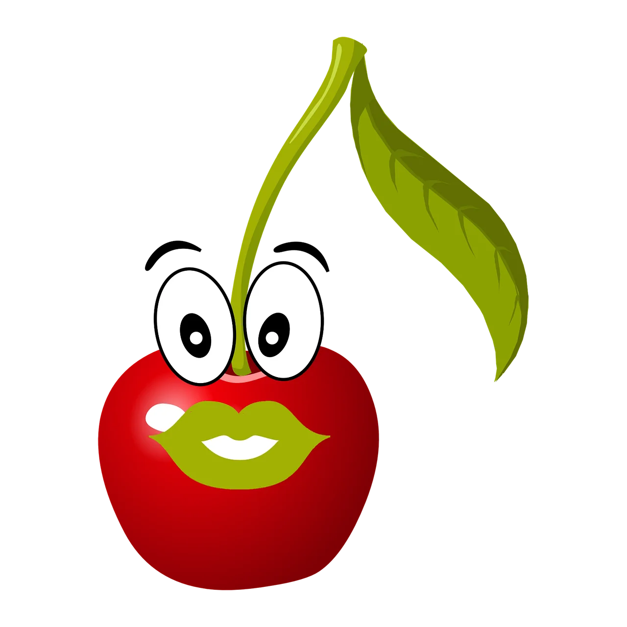 Whimsical Red Cherry Clipart Character with Playful Expressive Face and Green Leaf