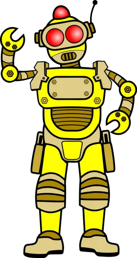 Cheerful Yellow Retro Robot Clipart with Circular Red Eyes and Whimsical Design