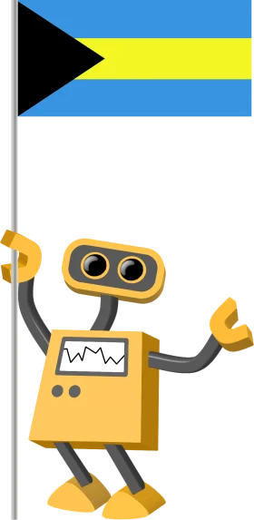 Cheerful Yellow Robot Clipart Holding Bahamas National Flag with Geometric Design