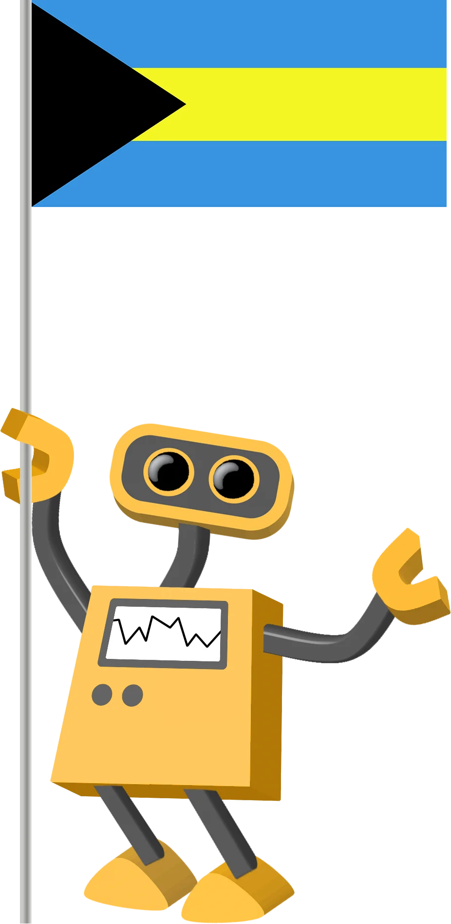 Cheerful Yellow Robot Clipart Holding Bahamas National Flag with Geometric Design
