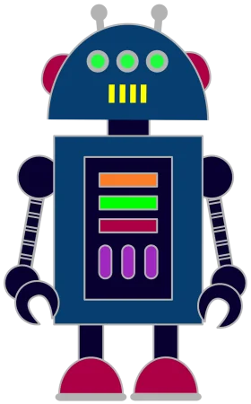 Cute Retro Blue Robot Clipart with Green Sensor Eyes and Colorful Panels
