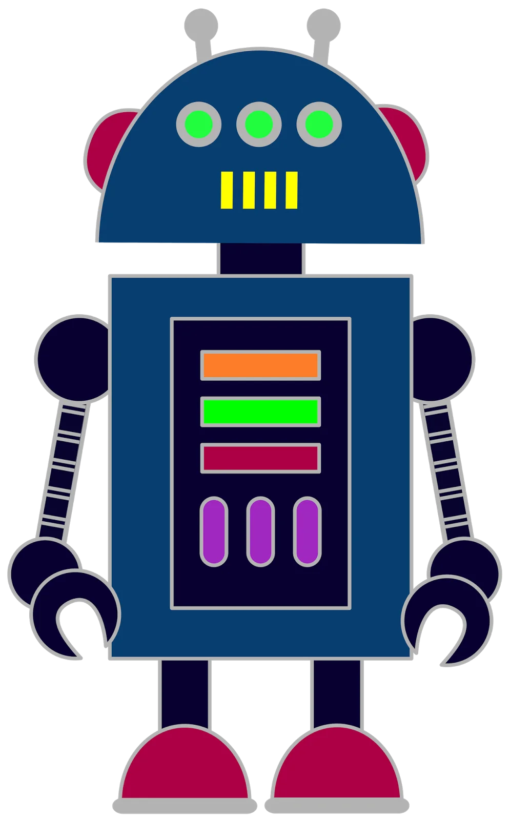 Cute Retro Blue Robot Clipart with Green Sensor Eyes and Colorful Panels