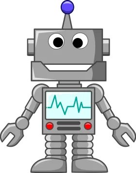 Friendly Gray Cartoon Robot Clipart with Heartbeat Screen and Blue Antenna