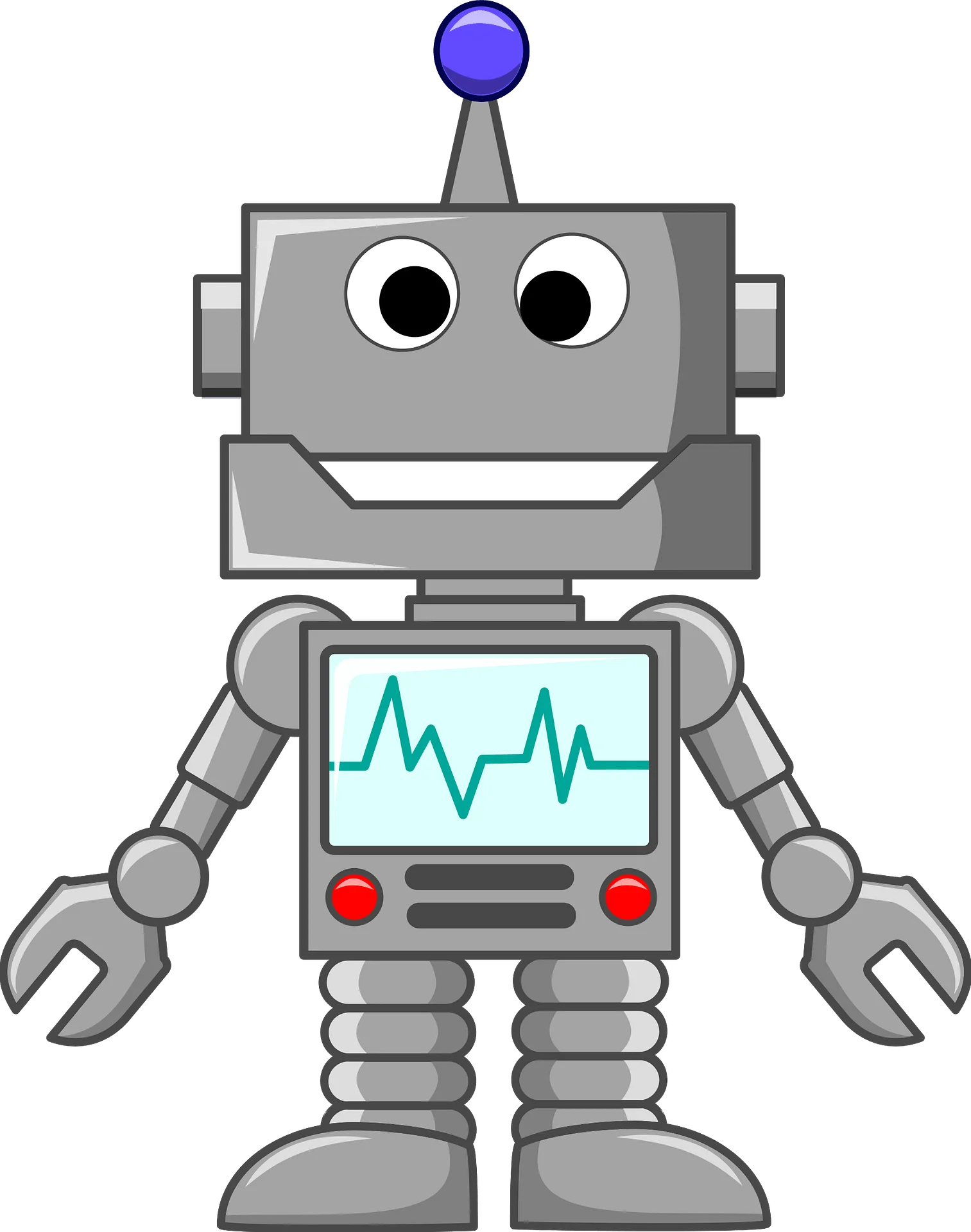 Friendly Gray Cartoon Robot Clipart with Heartbeat Screen and Blue Antenna