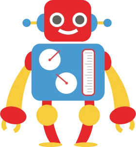 Playful Retro-Style Robot Clipart with Cheerful Color Palette and Geometric Design