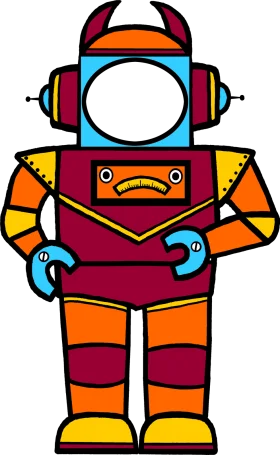 Quirky Retro Space Explorer Robot Cartoon Clipart with Bold Color Palette