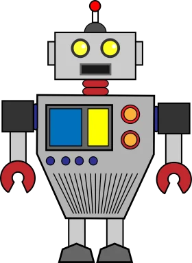 Retro Mechanical Robot Clipart with Playful Geometric Design and Primary Colors
