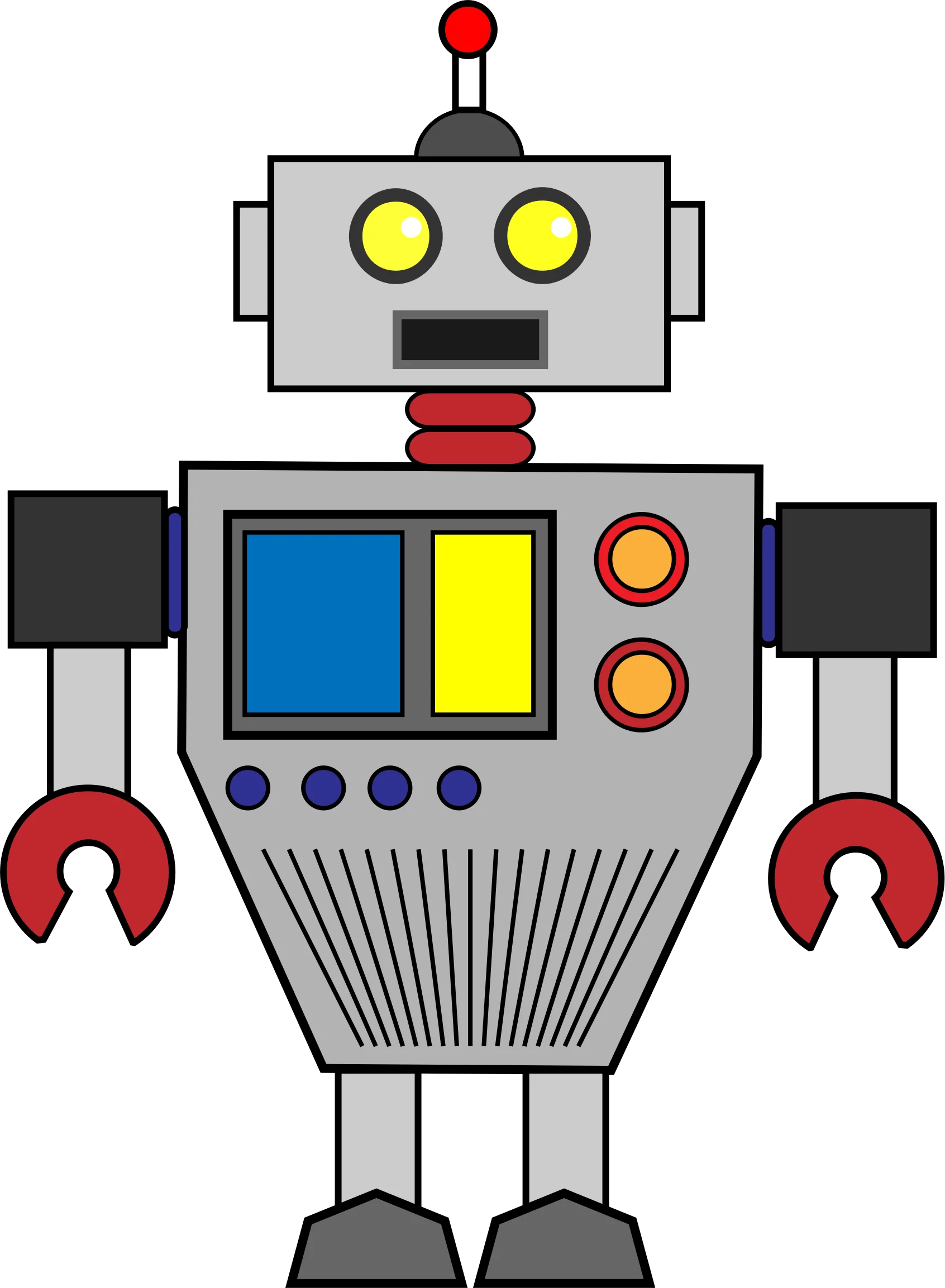 Retro Mechanical Robot Clipart with Playful Geometric Design and Primary Colors