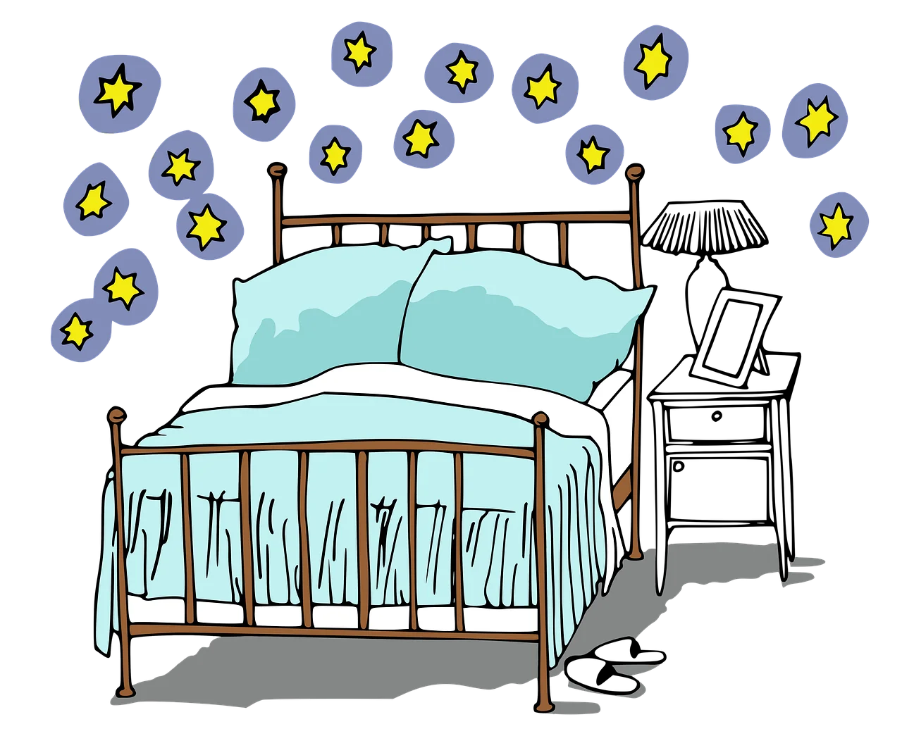 Cozy Bedroom Sanctuary Clipart: Dreamy Blue Bedscape with Starry Night Atmosphere