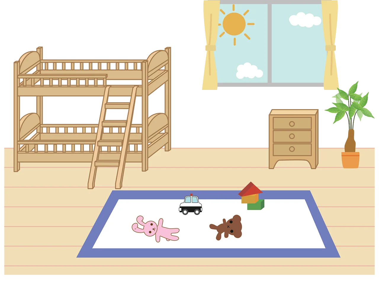Cozy Children's Bedroom Clipart with Playful Toy-Adorned Floor Mat