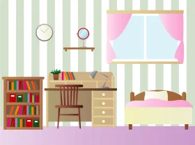 Cozy Pastel Pink and Green Study Bedroom Clipart Illustration with Charming Details