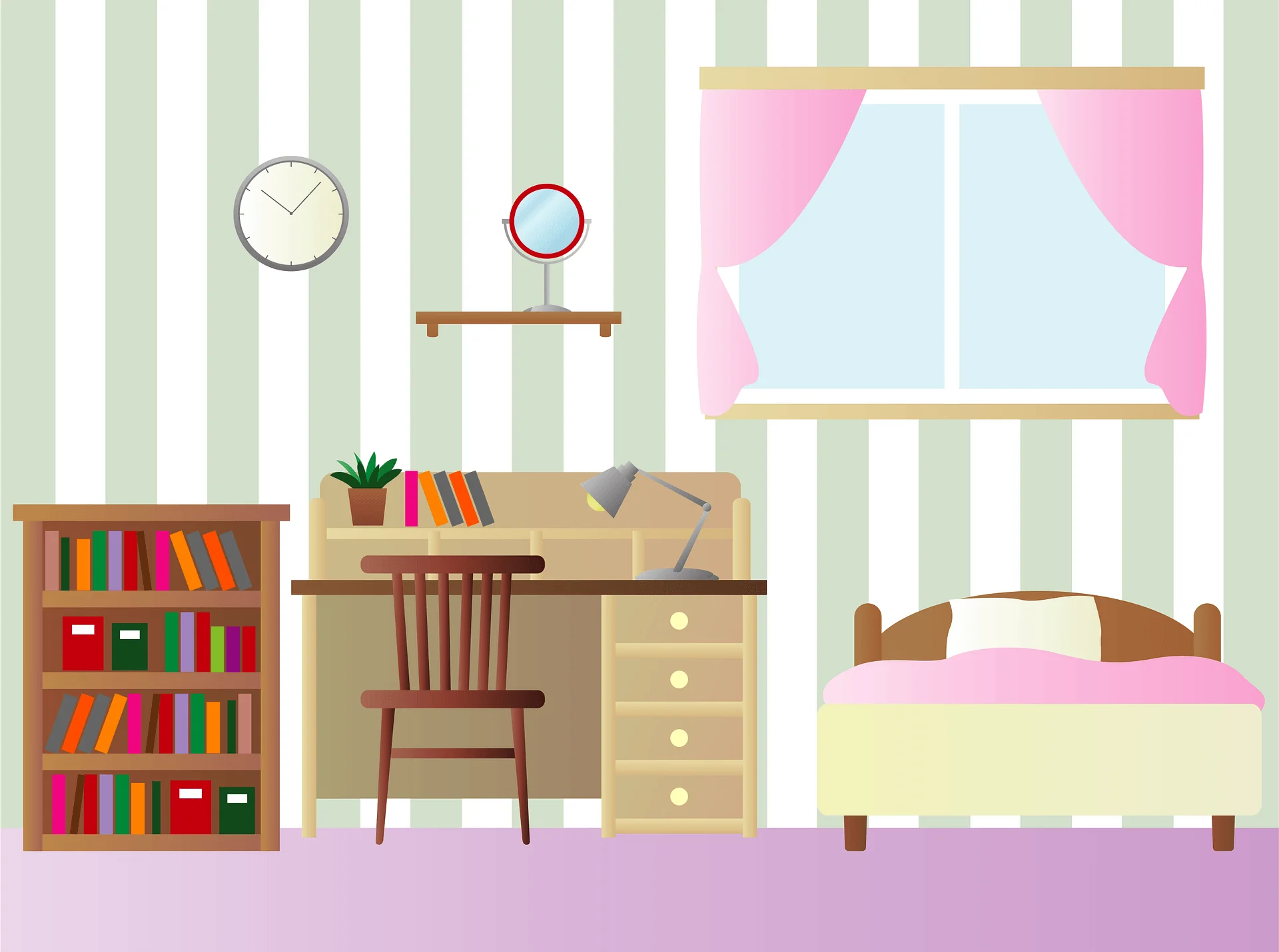 Cozy Pastel Pink and Green Study Bedroom Clipart Illustration with Charming Details