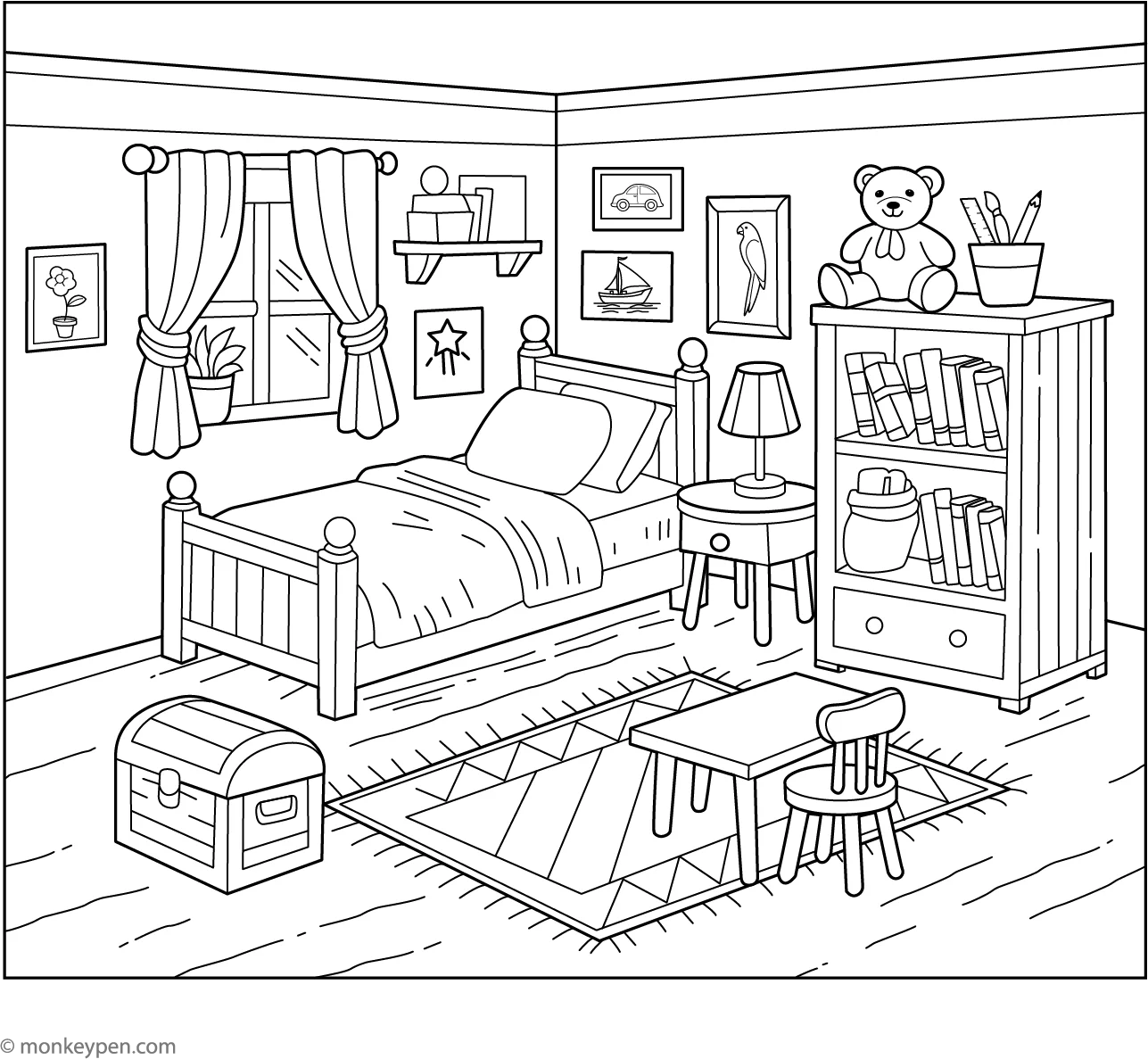 Cozy Vintage Bedroom Clipart: A Nostalgic Sketch of Childhood Comfort
