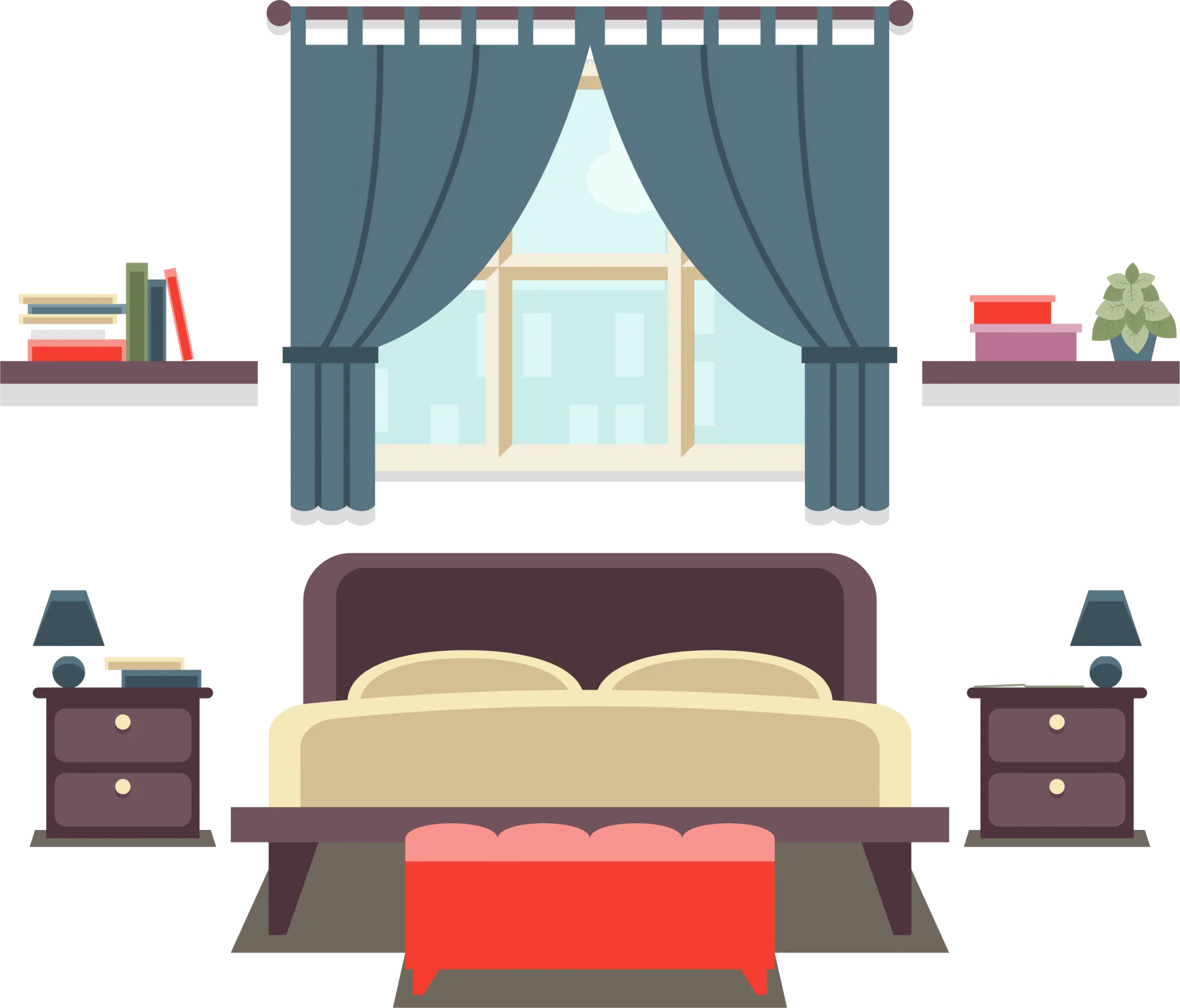 Minimalist Cozy Bedroom Interior Design Flat Style Clipart Illustration