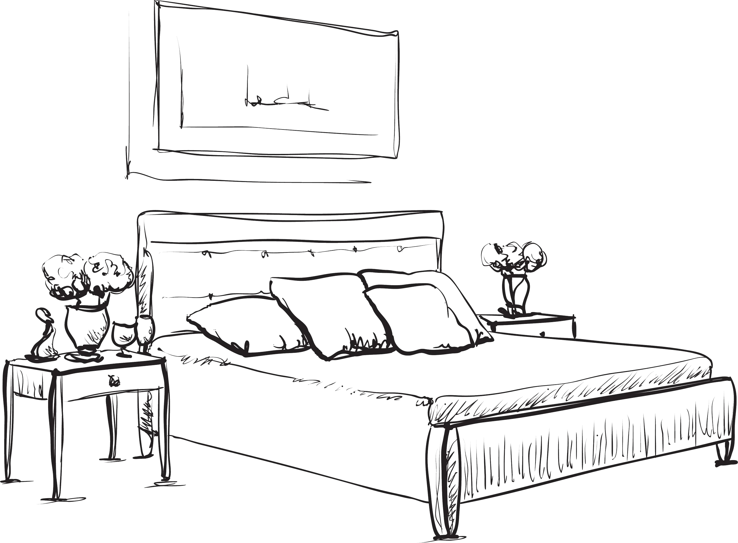 Minimalist Hand-Drawn Bedroom Sketch Clipart with Simple Furnishings