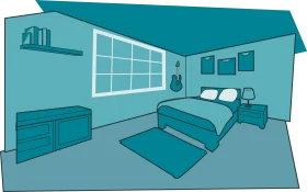 Minimalist Teal Bedroom Interior Design Clipart with Geometric Lines