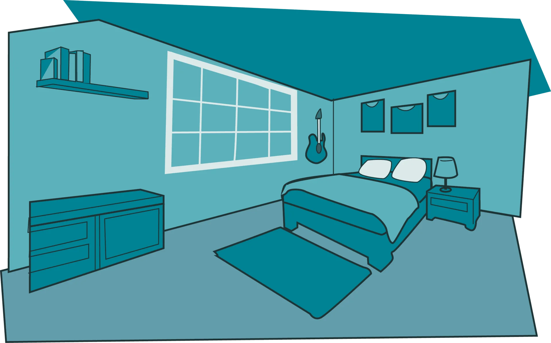 Minimalist Teal Bedroom Interior Design Clipart with Geometric Lines
