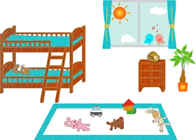 Playful Children's Bedroom Clipart with Bunk Bed and Adorable Toys