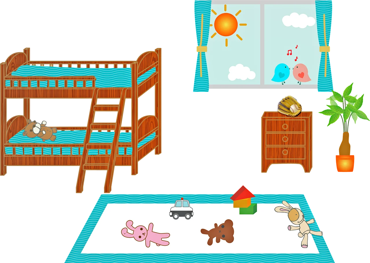 Playful Children's Bedroom Clipart with Bunk Bed and Adorable Toys
