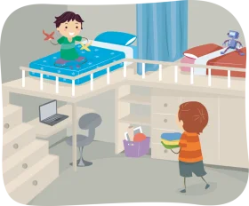 Playful Kids' Bedroom Interior with Colorful Furniture and Personal Spaces Clipart