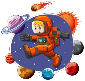 Adventurous Young Astronaut Exploring Colorful Outer Space Cartoon Clipart Illustration