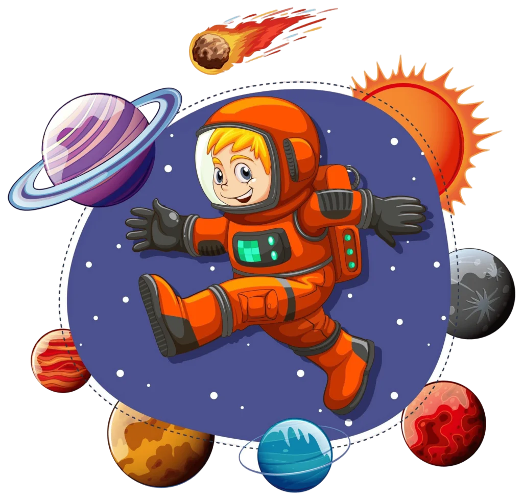 Adventurous Young Astronaut Exploring Colorful Outer Space Cartoon Clipart Illustration