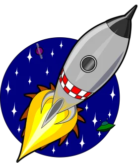 Classic Retro Space Rocket Blasting Off into Starry Night Sky Cartoon Clipart Illustration