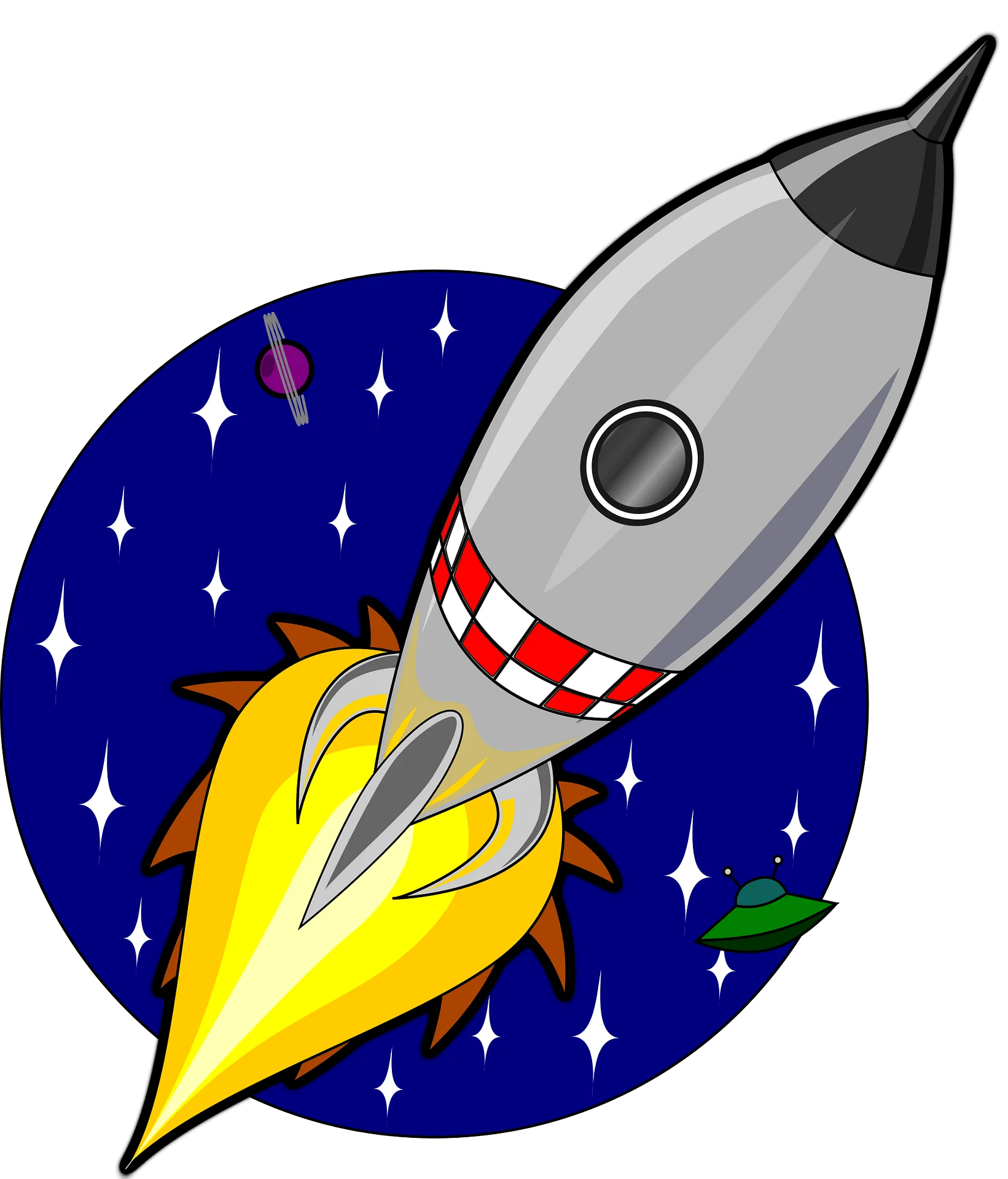Classic Retro Space Rocket Blasting Off into Starry Night Sky Cartoon Clipart Illustration