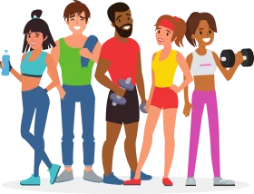 Diverse Fitness Friends Group Illustrating Exercise and Wellness Clipart Design