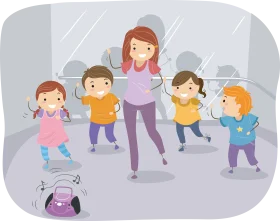 Energetic Kids Dancing and Exercising with Dance Instructor Clipart Illustration