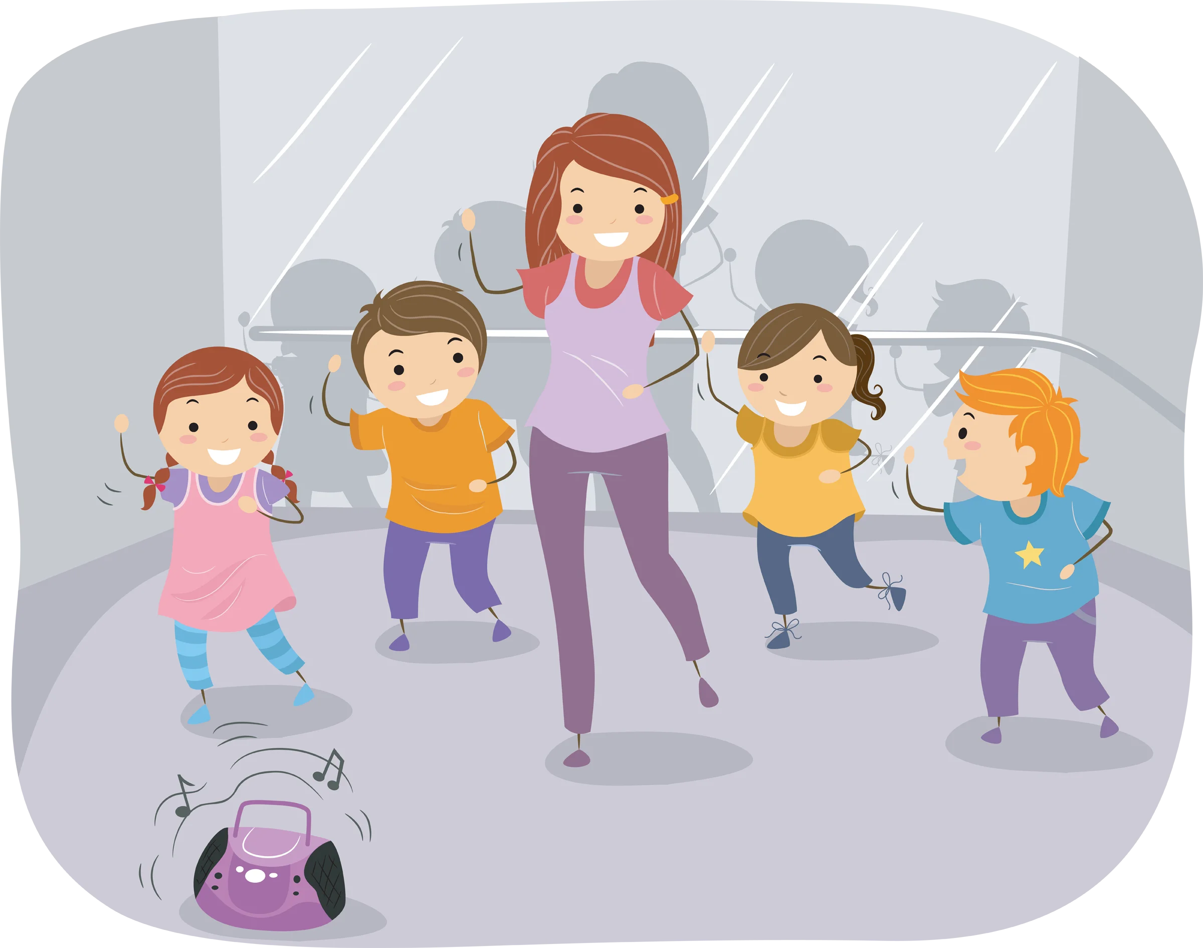 Energetic Kids Dancing and Exercising with Dance Instructor Clipart Illustration