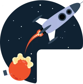 Epic Space Journey Rocket Launching from Celestial Orange Planet Clipart Design