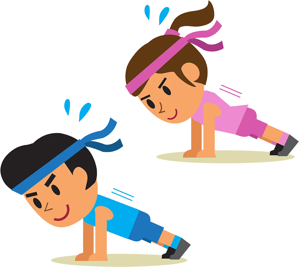 Fitness Fun Cartoon Clipart: Active Individuals Doing Push-Ups with Enthusiasm