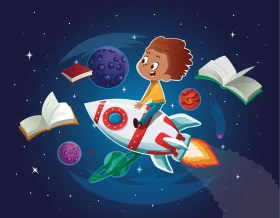 Imaginative Space Adventure Clipart: Young Explorer Riding Rocket Through Cosmic Realm