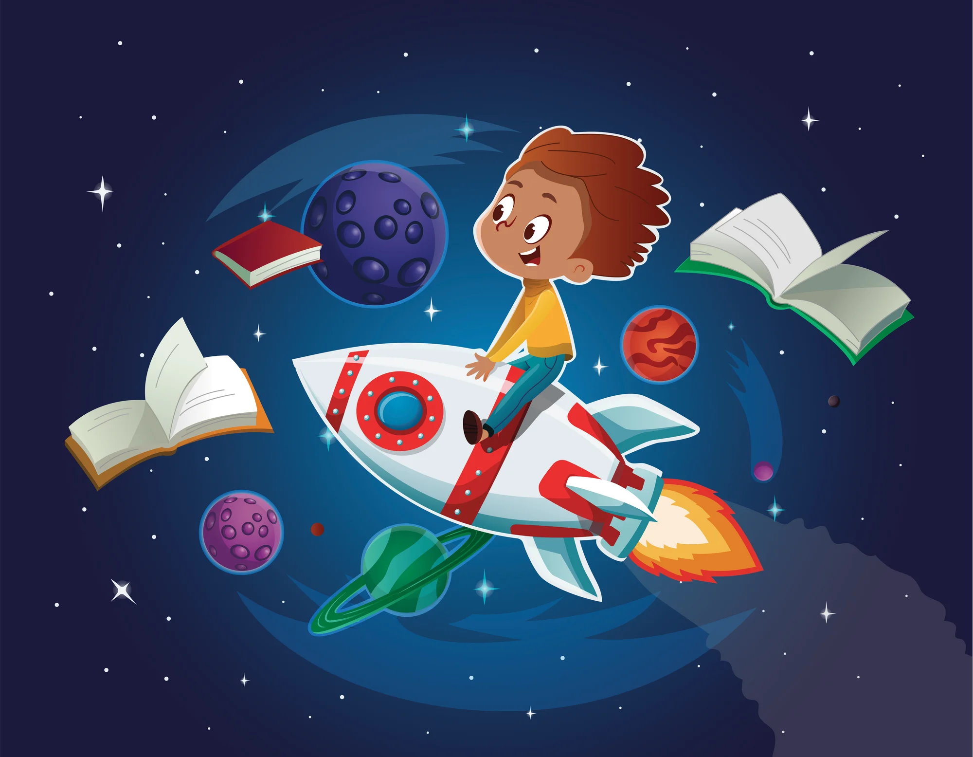 Imaginative Space Adventure Clipart: Young Explorer Riding Rocket Through Cosmic Realm