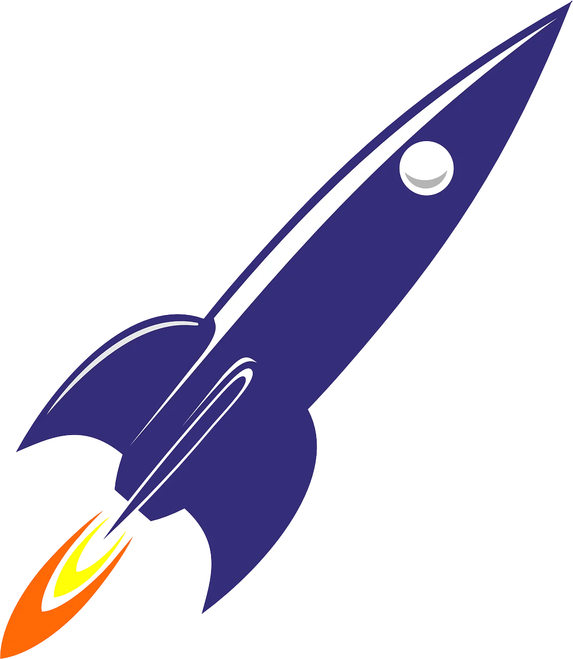 Sleek Navy Blue Retro Rocket Spaceship Clipart with Fiery Exhaust