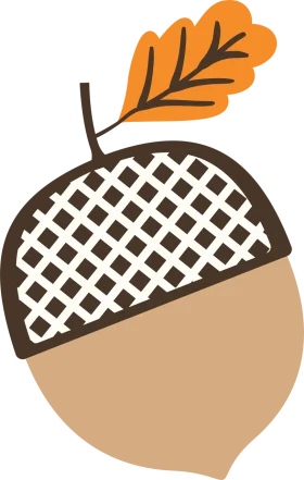 Whimsical Autumn Acorn Clipart with Textured Cap and Warm Orange Leaf