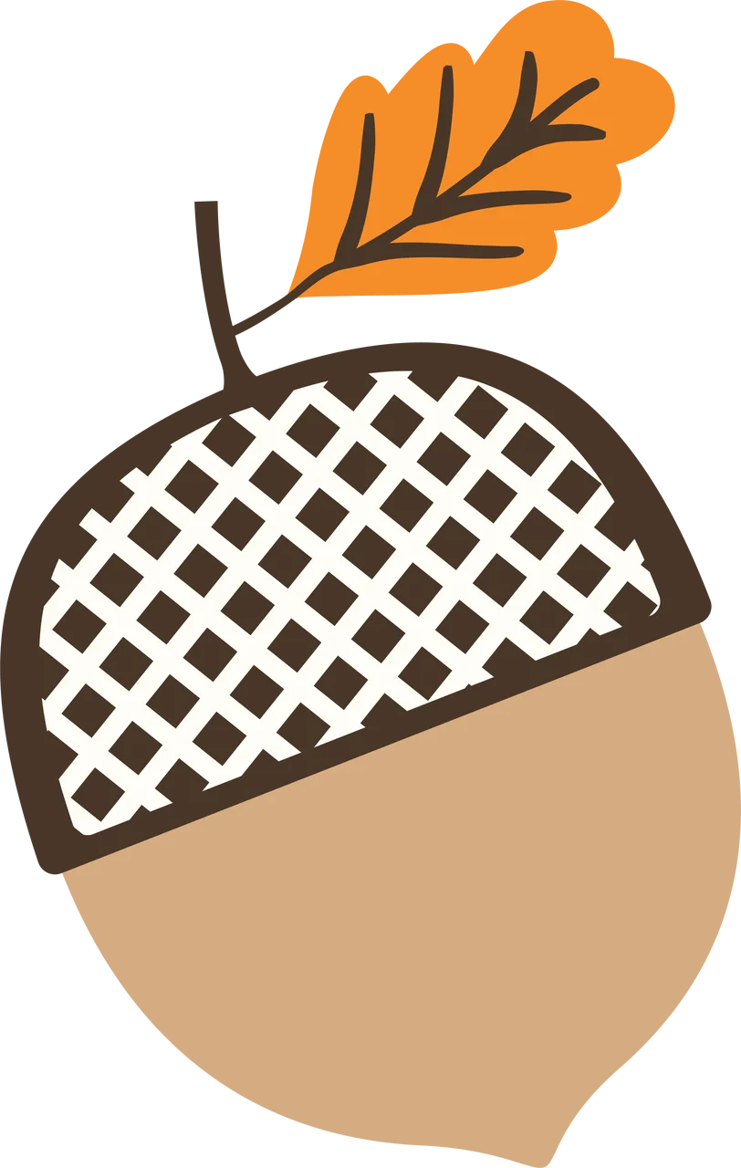 Whimsical Autumn Acorn Clipart with Textured Cap and Warm Orange Leaf