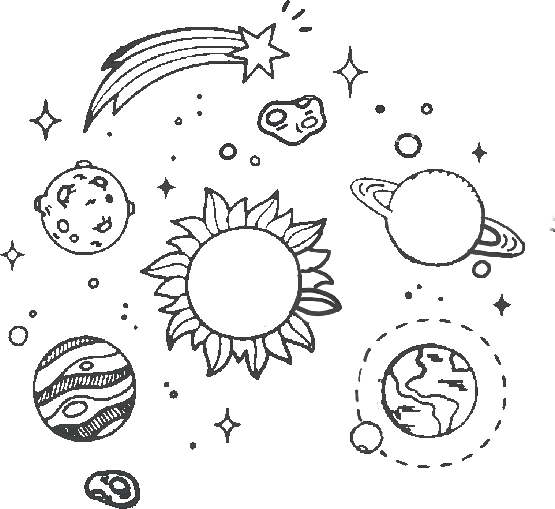 Whimsical Black and White Space Exploration Clipart Collection of Celestial Objects