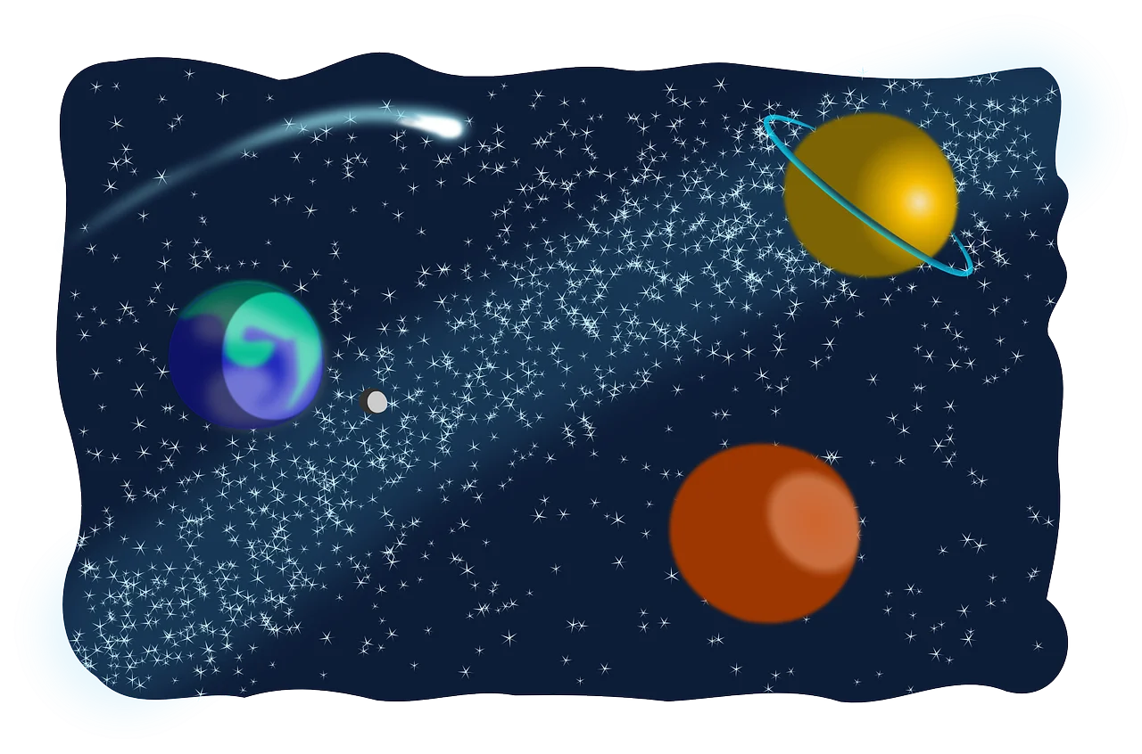 Whimsical Cosmic Journey: Celestial Bodies Dancing in Starry Space Clipart