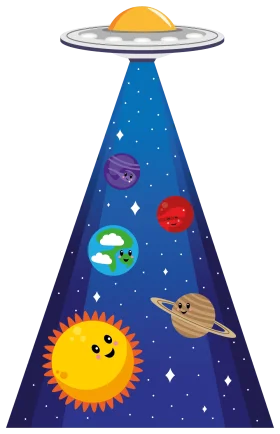 Whimsical Space Adventure Cartoon Clipart with Cute Celestial Bodies and UFO