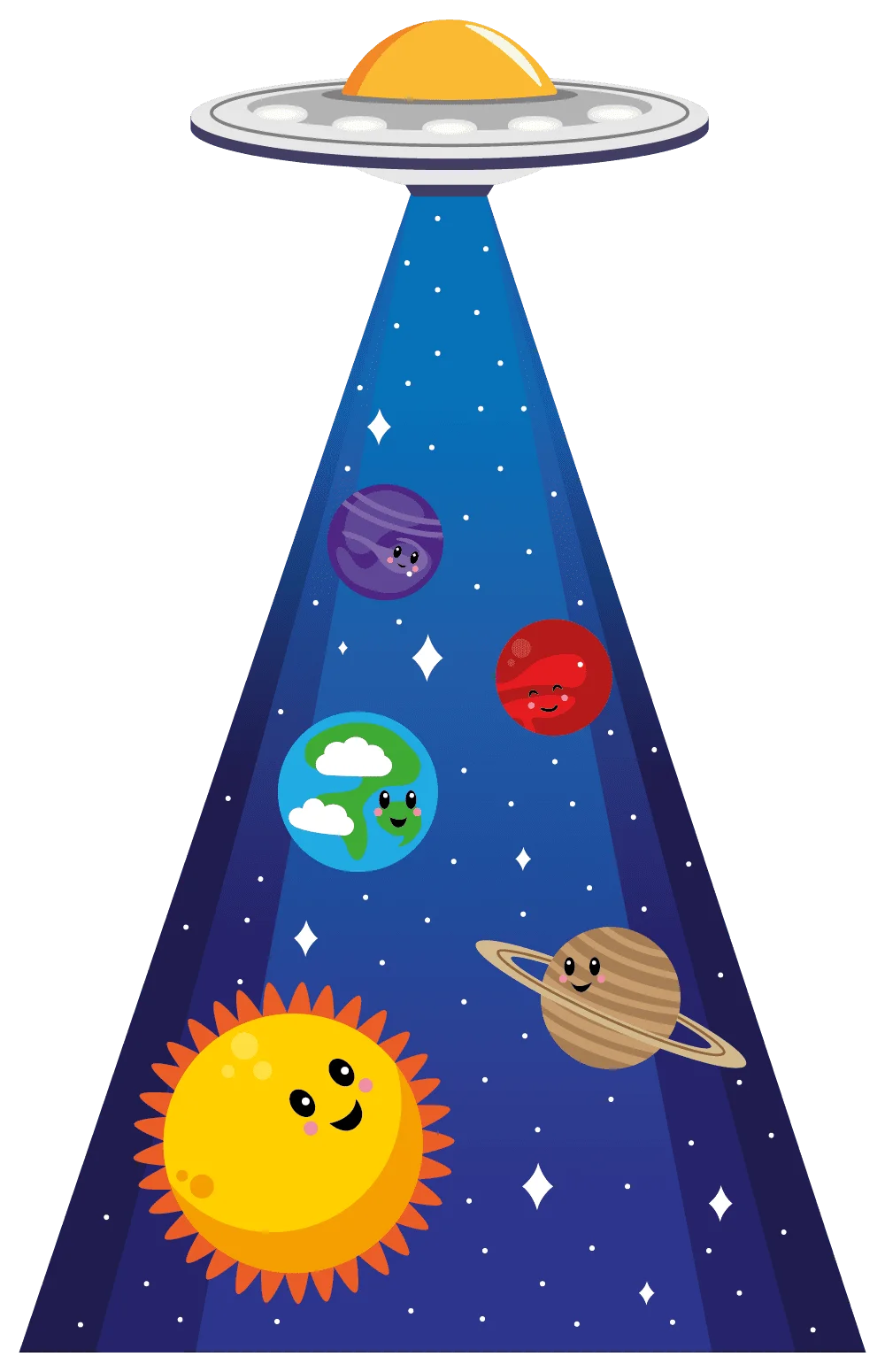 Whimsical Space Adventure Cartoon Clipart with Cute Celestial Bodies and UFO