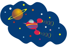 Whimsical Space Exploration Cartoon Clipart with Playful Planets and Rocket