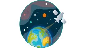 Whimsical Space Exploration Clipart: Earth, Satellite, and Celestial Landscape