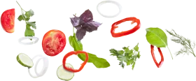 Fresh Garden Vegetable Slice Arrangement Clipart Design with Dynamic Floating Elements
